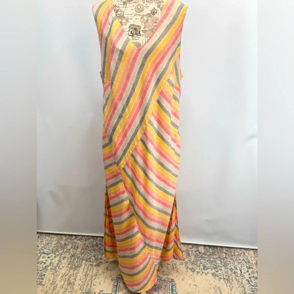 PURE JILL Pink, gray & yellow Linen sleeveless V neck maxi sundress size 3X - Picture 3 of 16